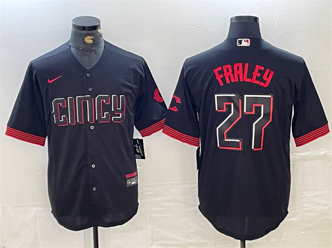 Men's Cincinnati Reds #27 Jake Fraley Black 2023 City Connect Cool Base Stitched Baseball Jersey Men's Cincinnati Reds #27 Jake Fraley Black 2023 City Connect Cool Base Stitched Baseball Jersey